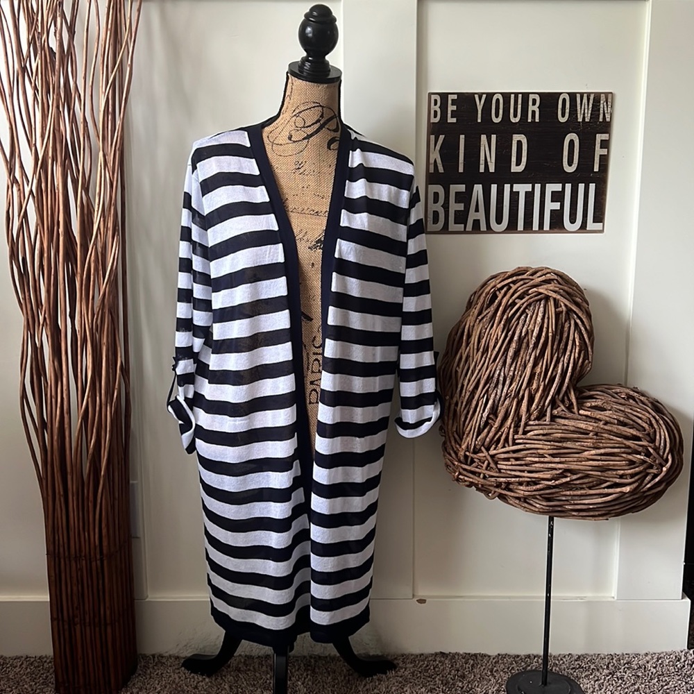 Cato Navy And White Striped Convertible Sleeve Cardigan